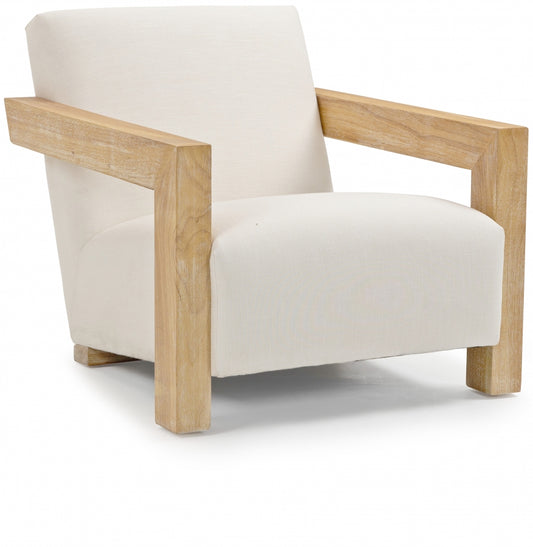 Linear Cream Wood Linen Textured Fabric Accent Chair