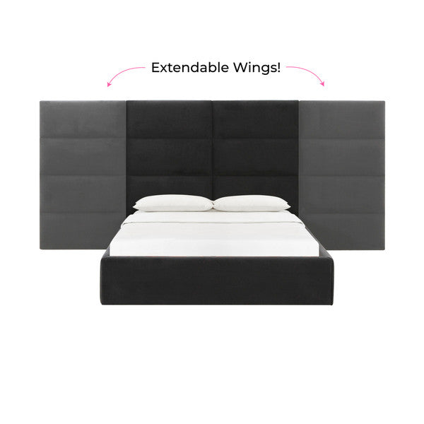 Alana Black Velvet Queen Bed with Wings